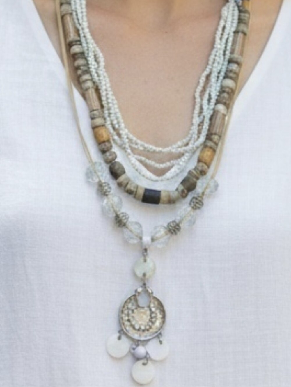 Curated Set 3 VTG Boho Layering Necklaces Jasper Shell Seed Bead Neutral Silver